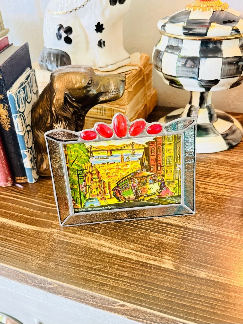 Vintage Stained Glass Picture Frame – Red Accents, Silver Metal Border - Picture 4 of 12